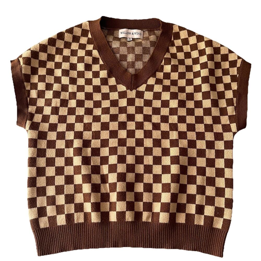 Willow & Wind Womens‎ Sweater Vest S Brown Checkered Retro Preppy Grandmacore